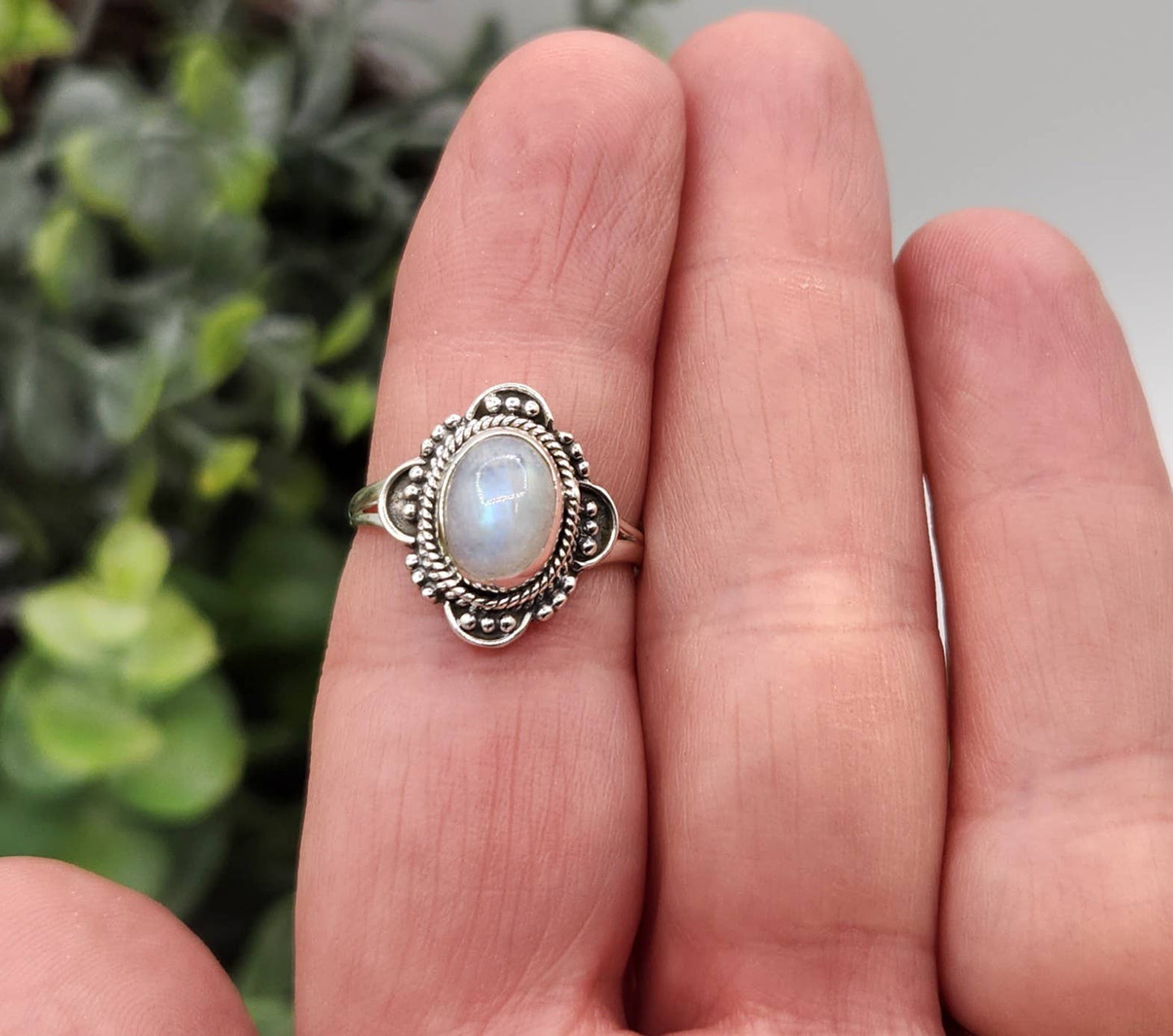 Rainbow Moonstone Semi-Precious Gemstone SterlingSilver Ring: 9