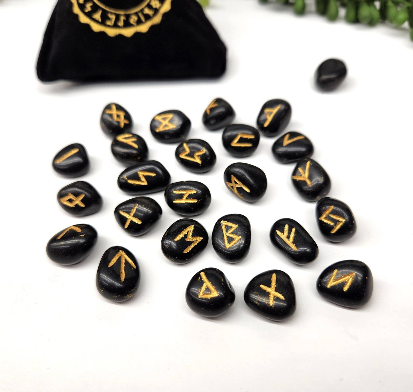 Black Agate Gemstone Rune Sets with Velvet Pouch