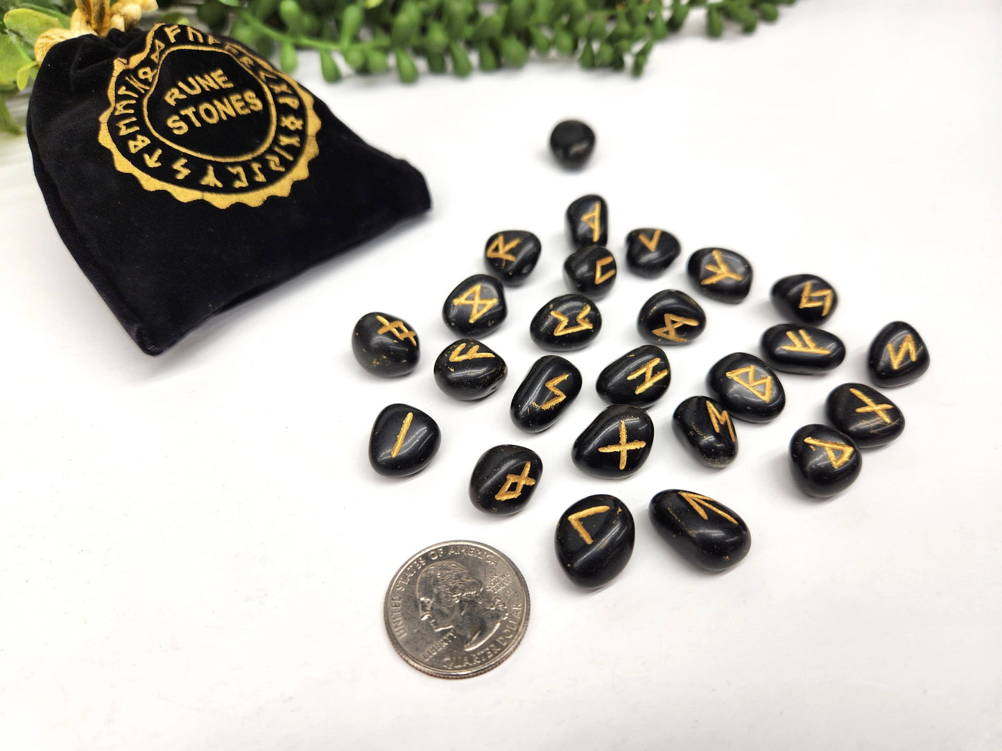 Black Agate Gemstone Rune Sets with Velvet Pouch