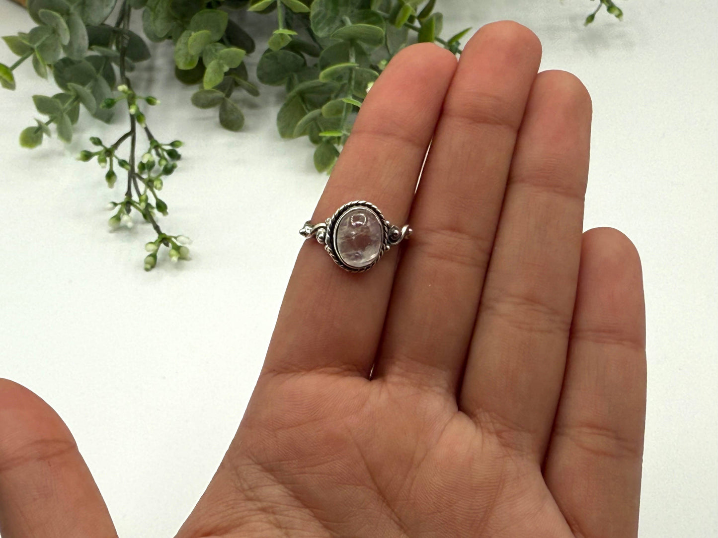 Rainbow Moonstone Semi-Precious Gem Ring Sterling Silver/925: 8