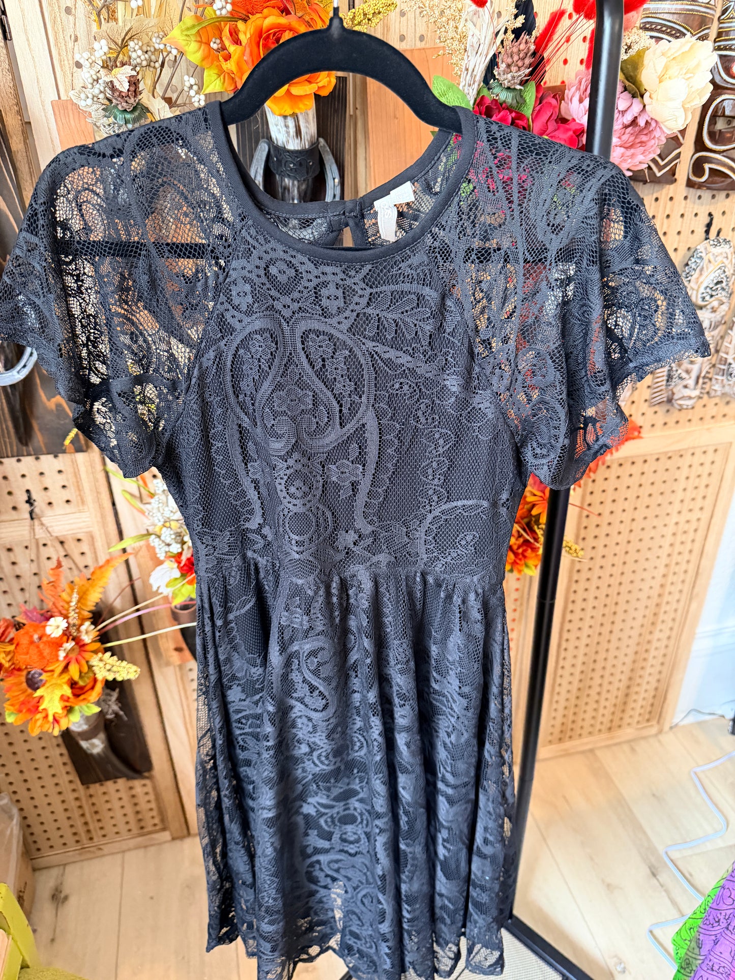 Soso black lace midi length dress.