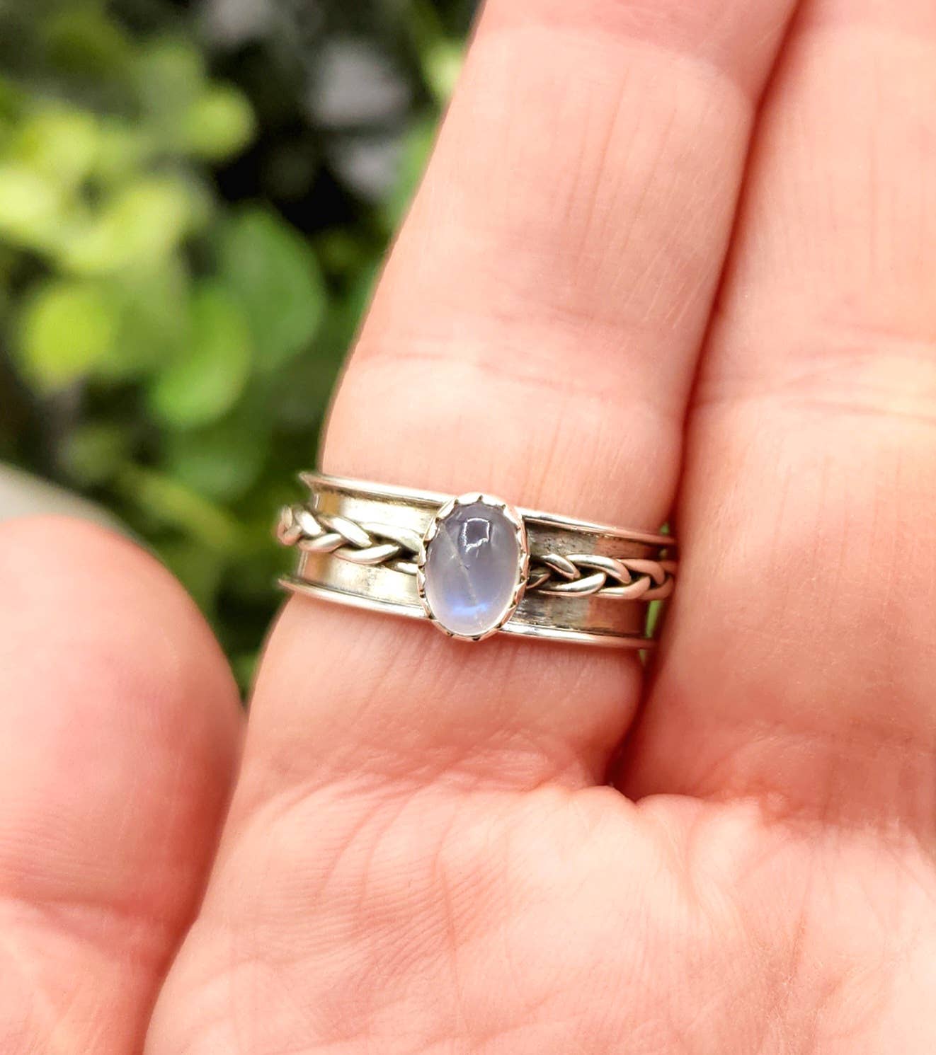 SPINNER RING-Sterling Silver/925-Moonstone Gemstone w/Braid : 8