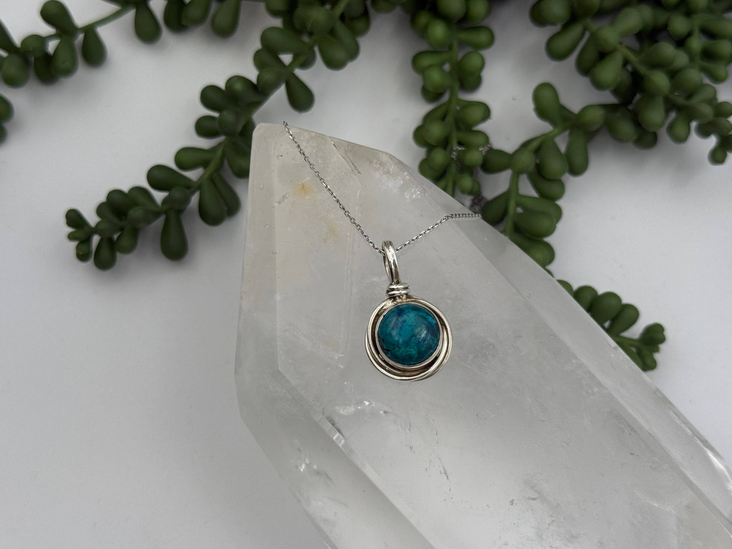 Blue Apatite Round Cabochon Gem Pendant Sterling Silver/925
