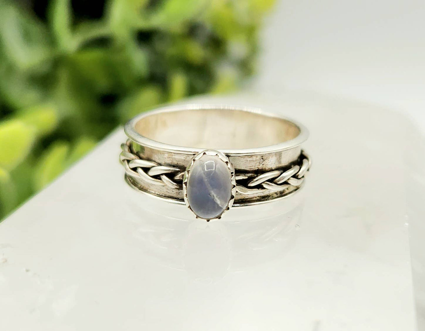 SPINNER RING-Sterling Silver/925-Moonstone Gemstone w/Braid : 8