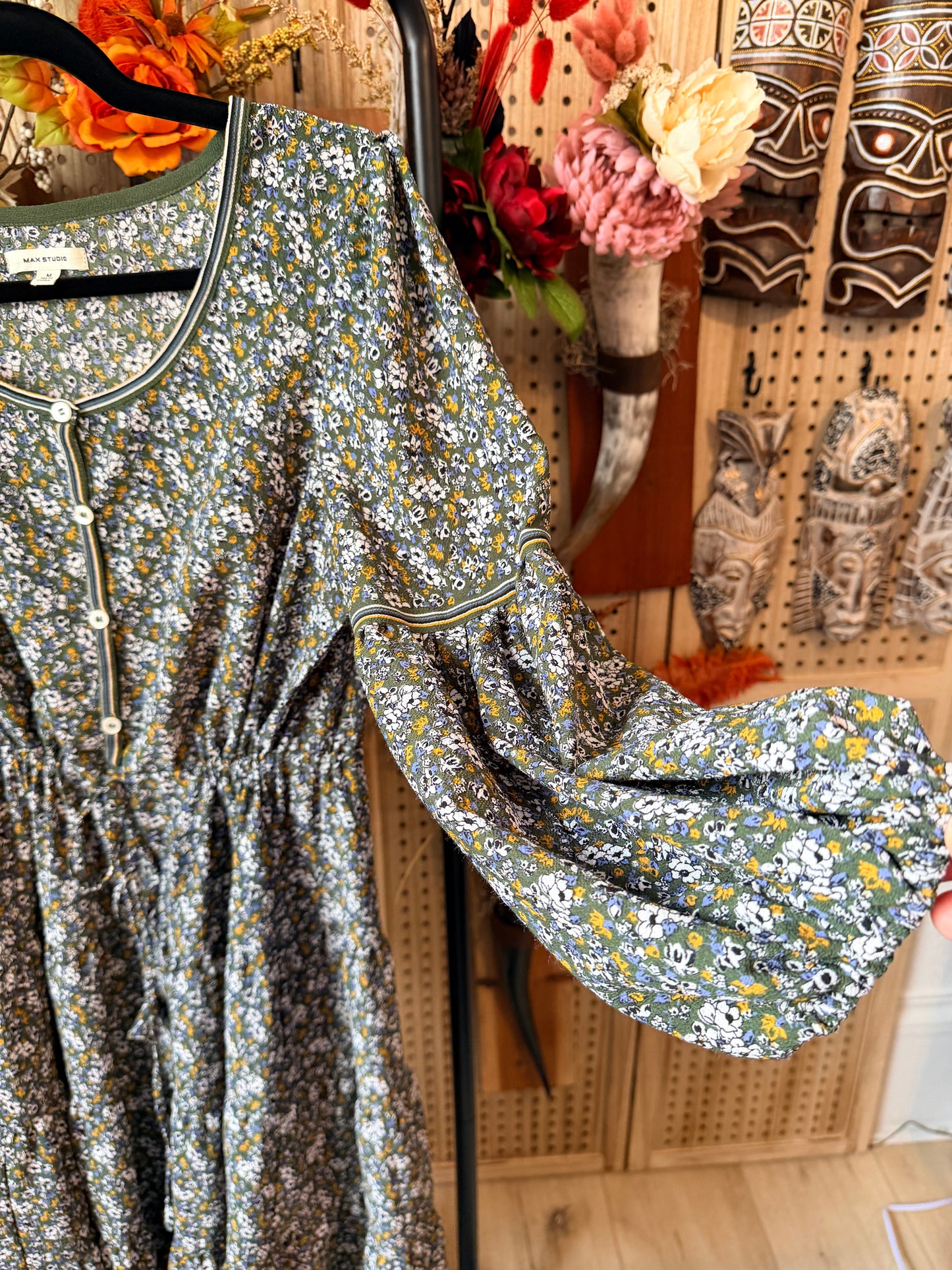 Max Studio green with floral print flare dress.