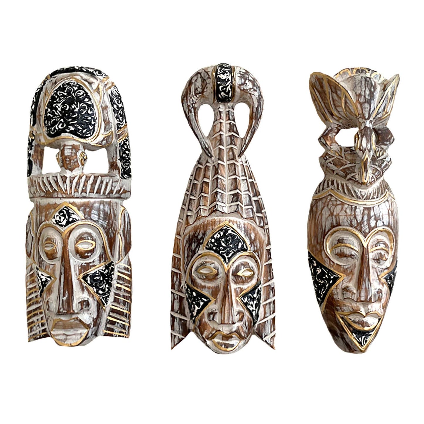 Set of 3 African Style Tribal Masks Wooden Tiki Decor - 12"