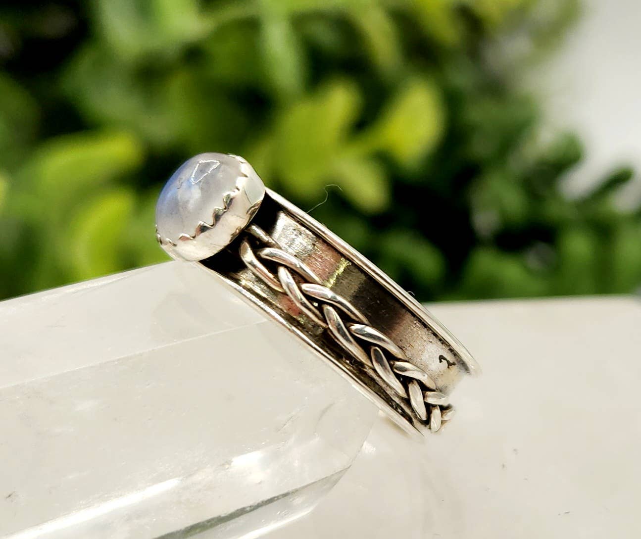 SPINNER RING-Sterling Silver/925-Moonstone Gemstone w/Braid : 8