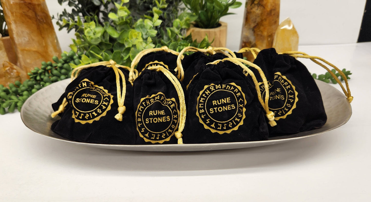 Black Agate Gemstone Rune Sets with Velvet Pouch