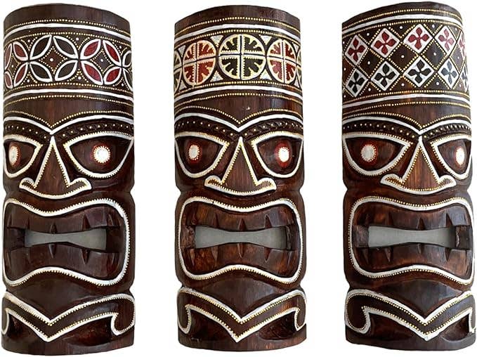 Set of 3 Tropical Hawaiian Wooden Tiki Wall Masks -12"