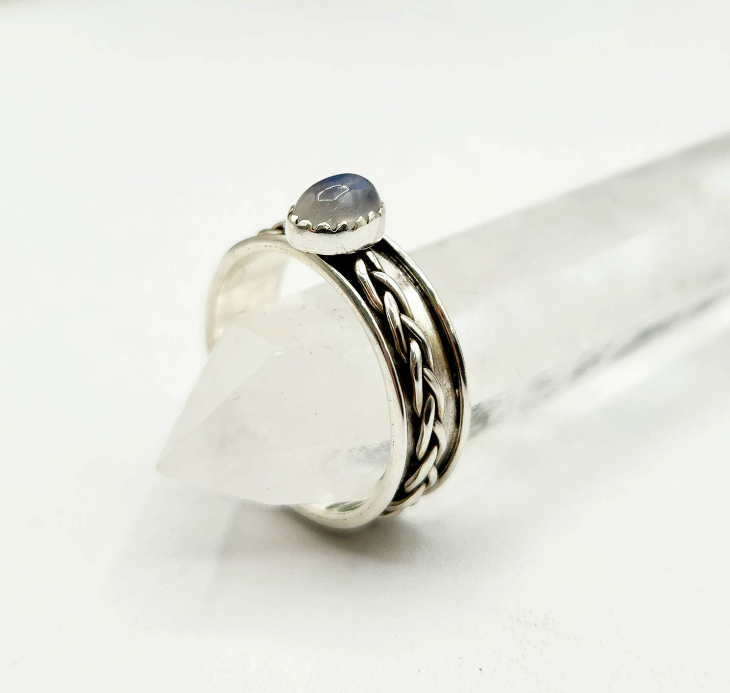 SPINNER RING-Sterling Silver/925-Moonstone Gemstone w/Braid : 8