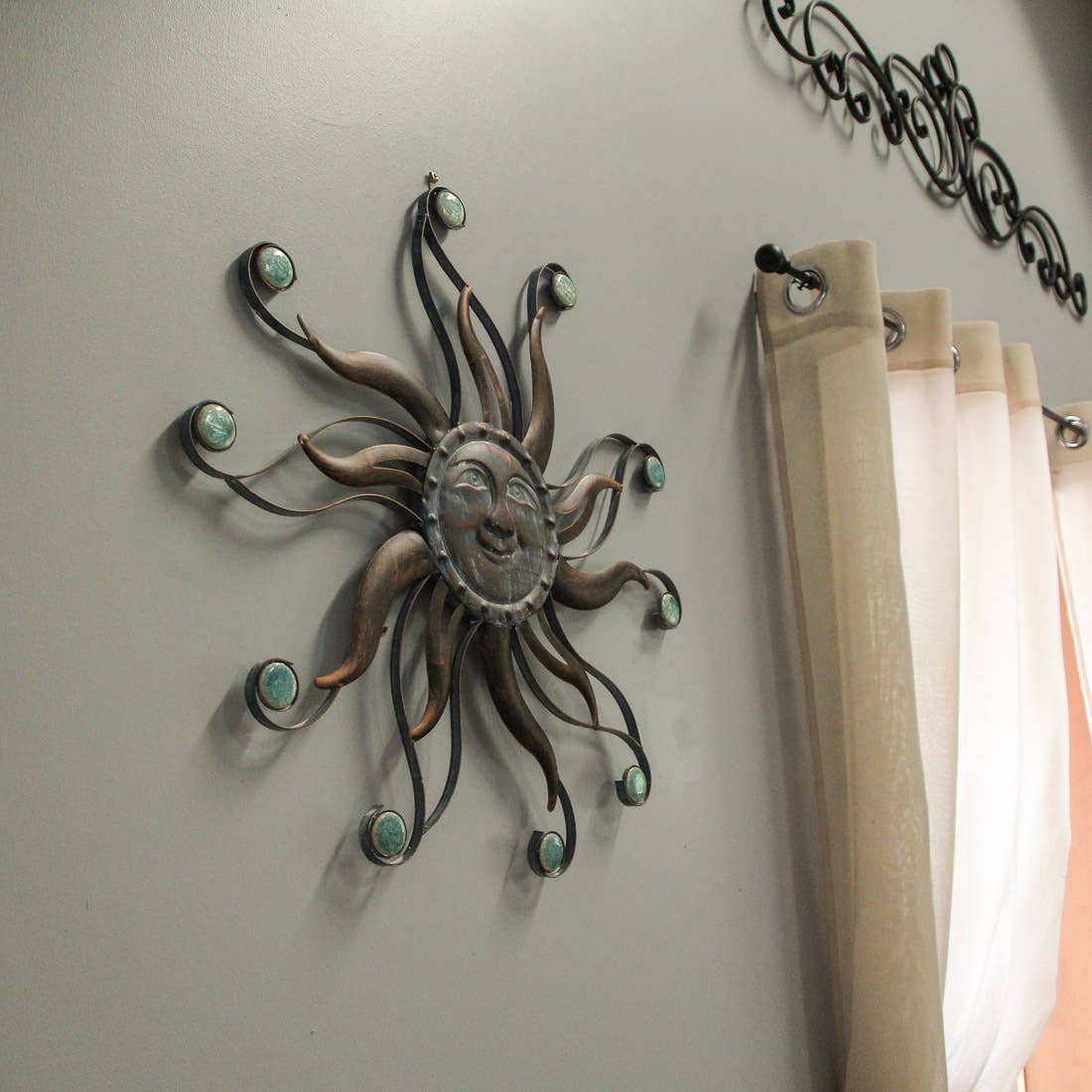 22" Verdigris Sun Face Wall Hanging with Ceramic Beads