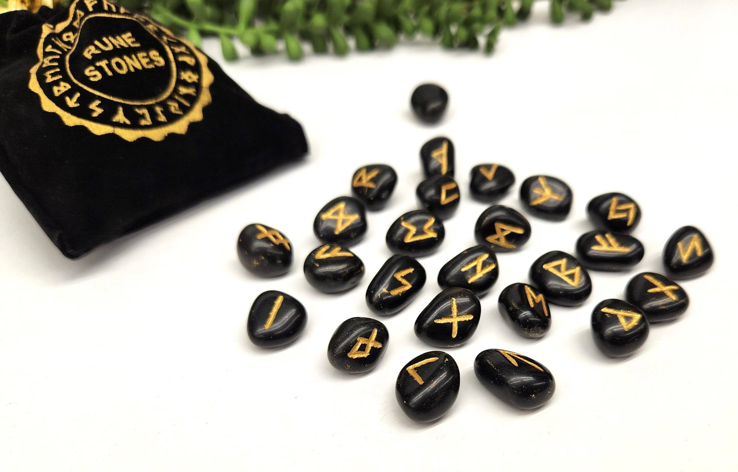 Black Agate Gemstone Rune Sets with Velvet Pouch