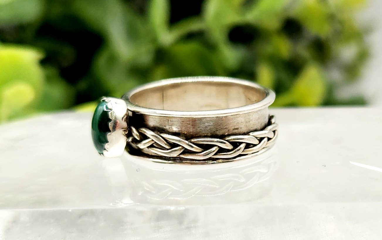 SPINNER RING-Sterling Silver/925-Malachite Gemstone w/Braid: 7