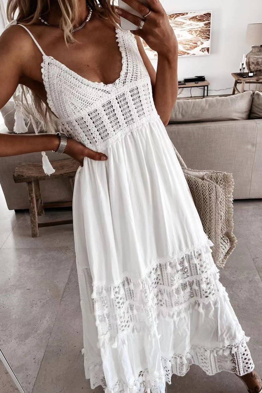 Bohemian Crochet tassel Lace large swing flare dress: Beige / S