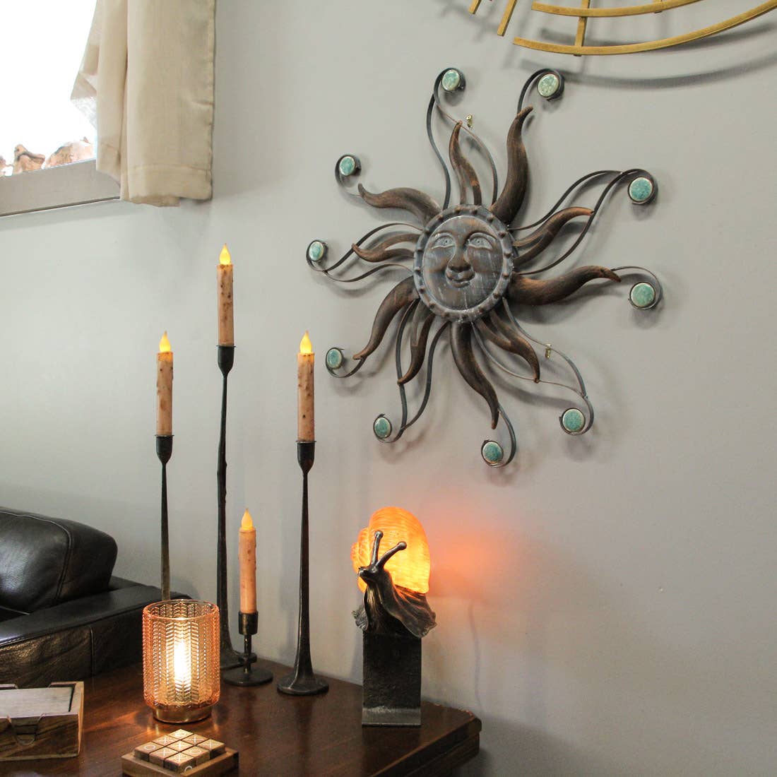 22" Verdigris Sun Face Wall Hanging with Ceramic Beads
