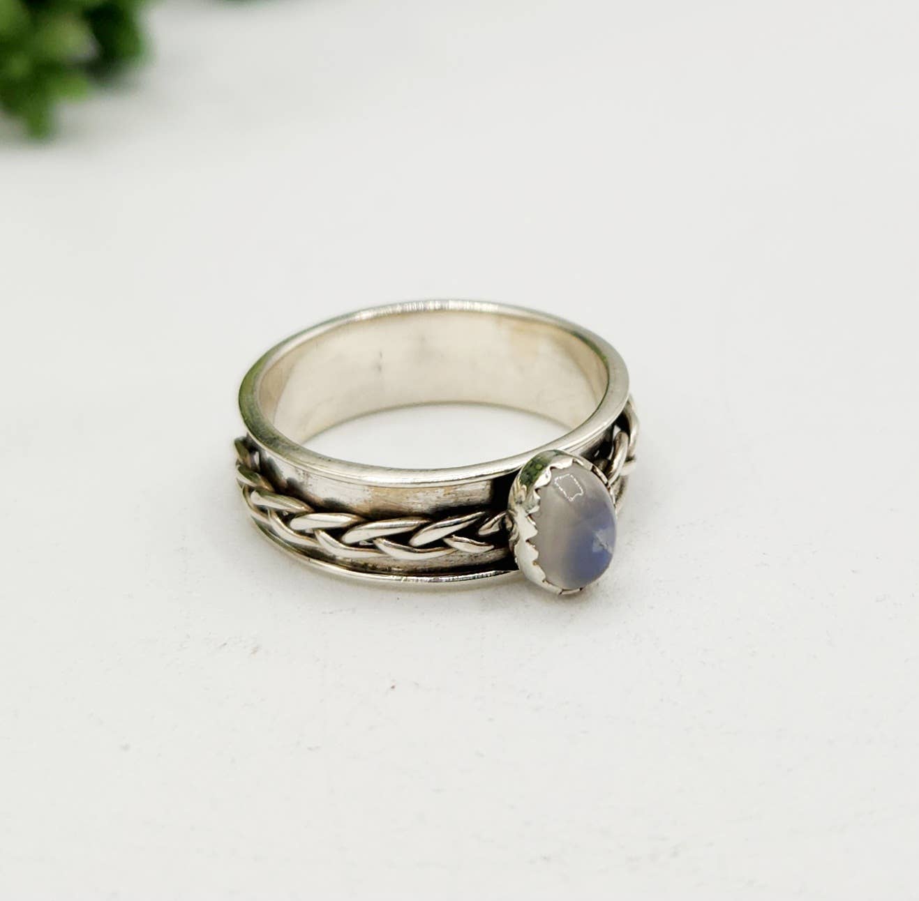 SPINNER RING-Sterling Silver/925-Moonstone Gemstone w/Braid : 8