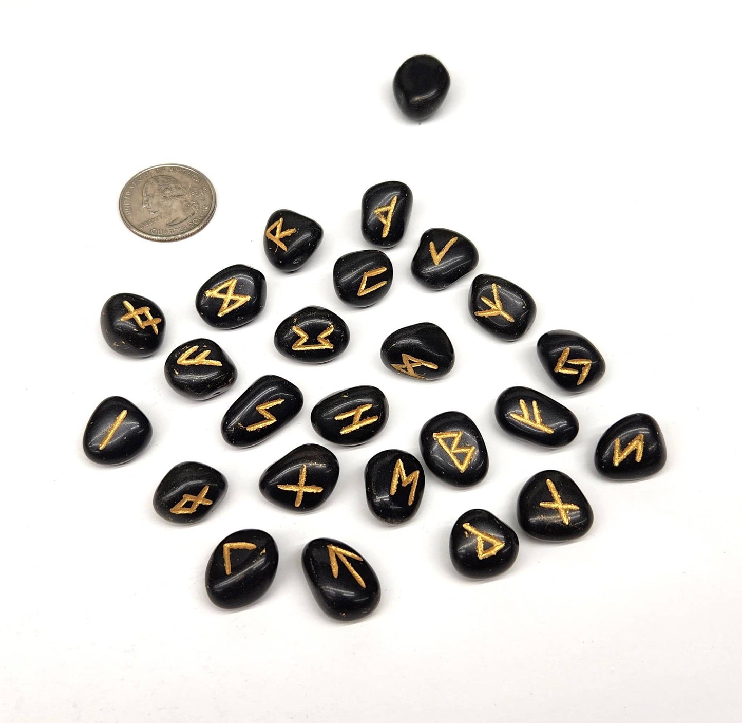 Black Agate Gemstone Rune Sets with Velvet Pouch
