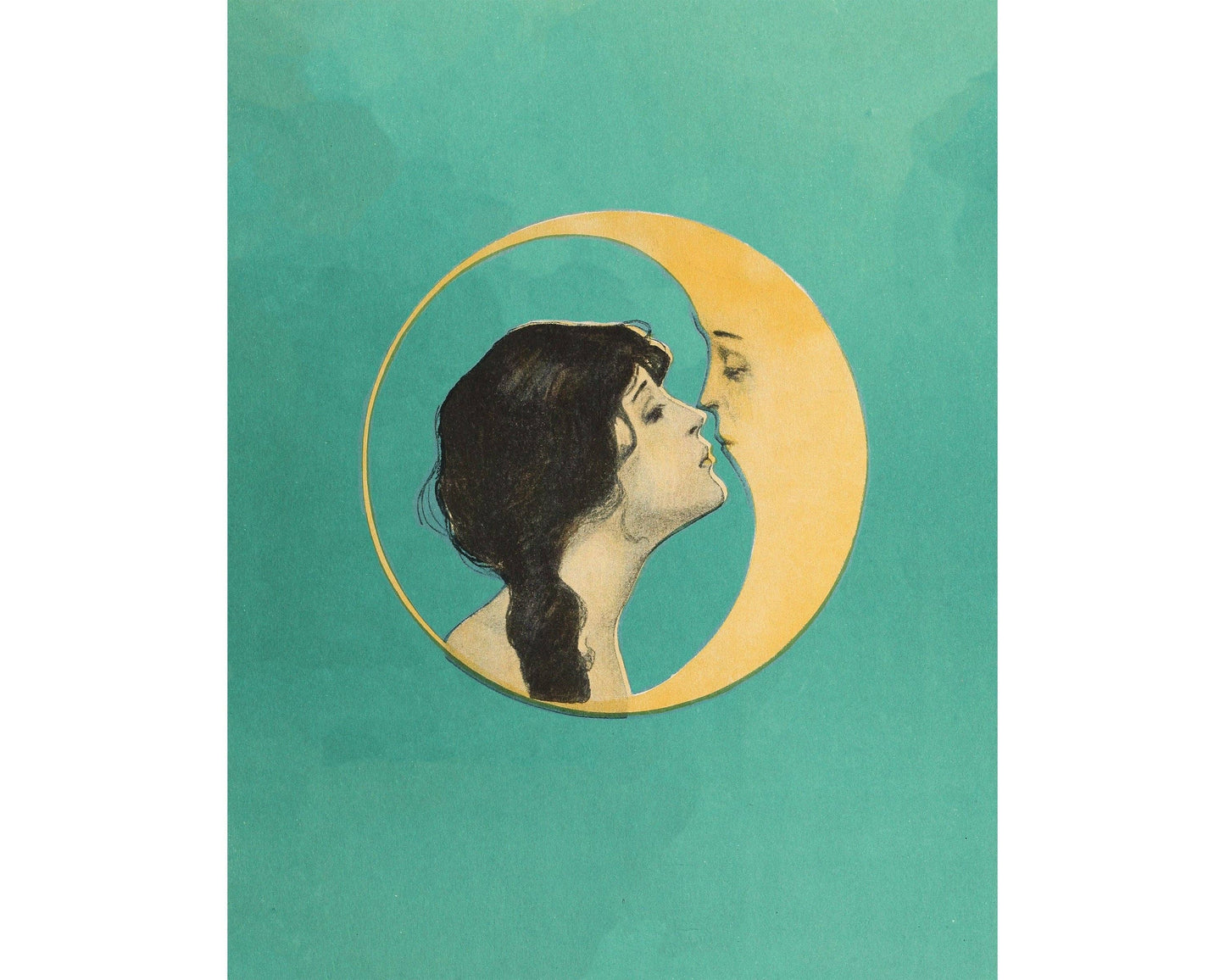 Woman kissing the moon | Vintage love and Valentine | Antiqu: 5x7 Inches