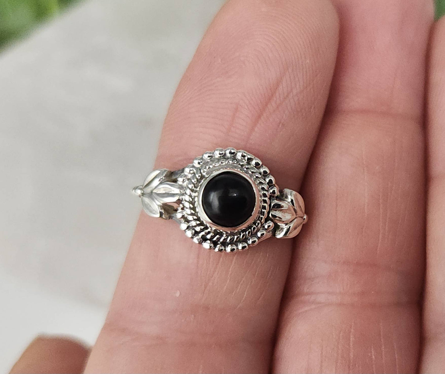 Black Onyx Semi-Precious Gemstone Ring-Sterling Silver/.925 : 9