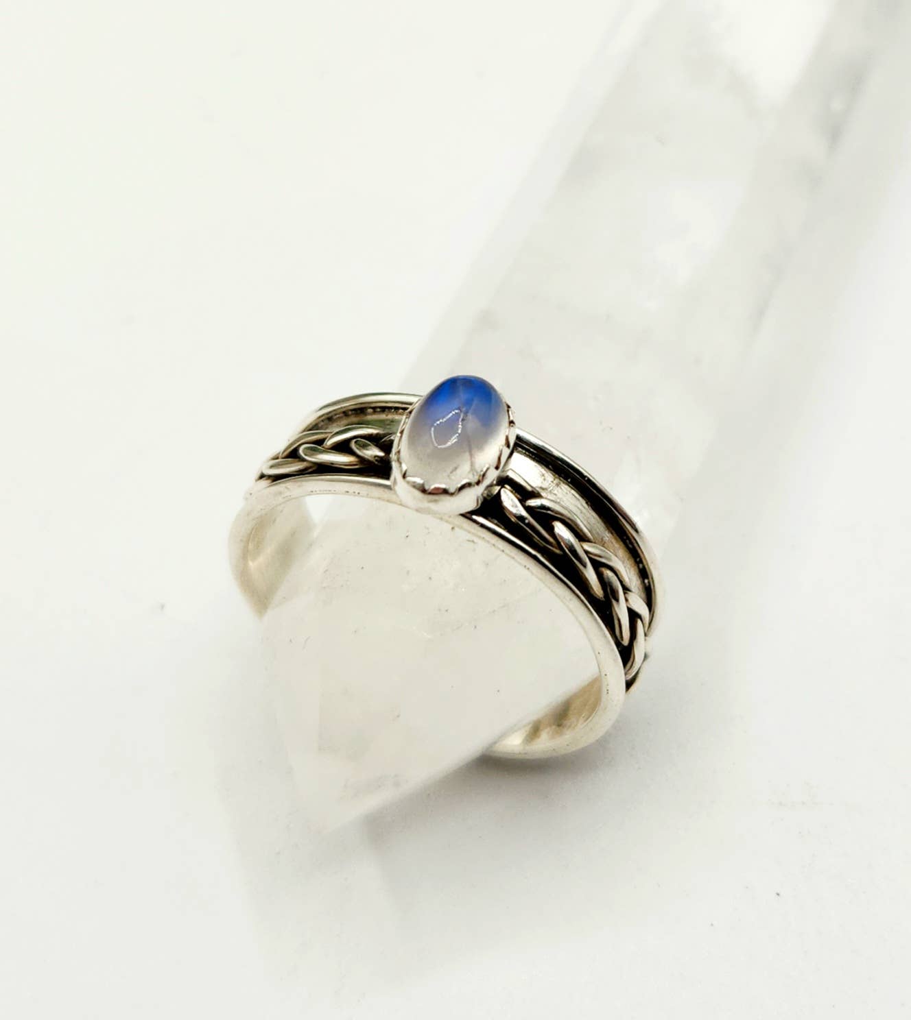 SPINNER RING-Sterling Silver/925-Moonstone Gemstone w/Braid : 8