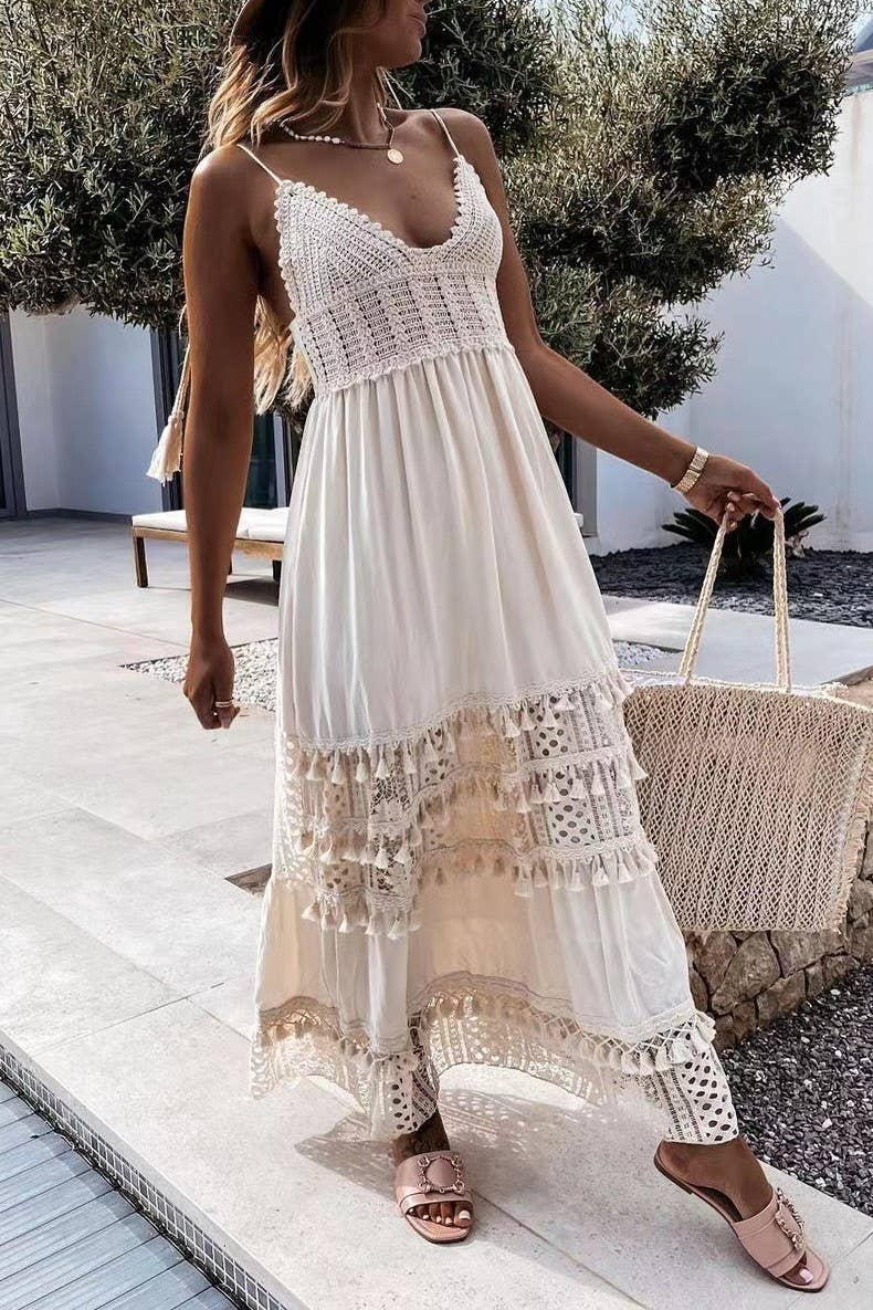 Bohemian Crochet tassel Lace large swing flare dress: Beige / M