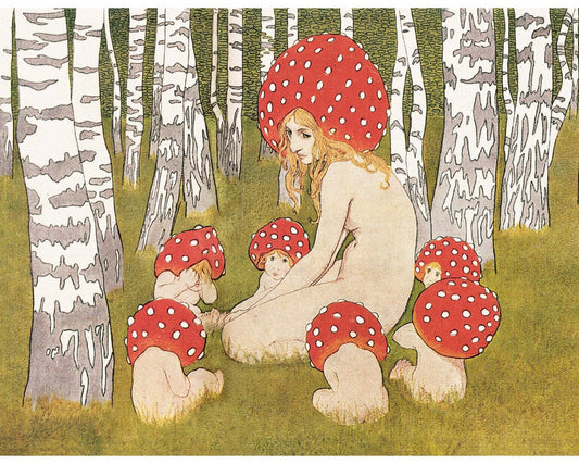 Vintage Mother Nature fine art print | Mother Mushroom and her children | Antique woodland wall art | Fairytale painting | Magical forest: 8x10 Inches