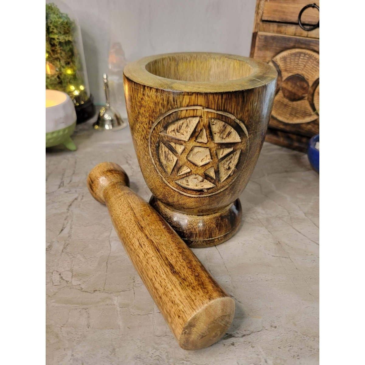 Witch's Wooden Mortar & Pestle; Pentacle