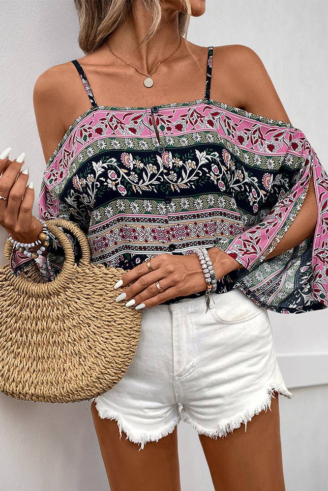 Camisole Batwing Sleeve Bohemian Print Blouse BFZY1325: Black / XL