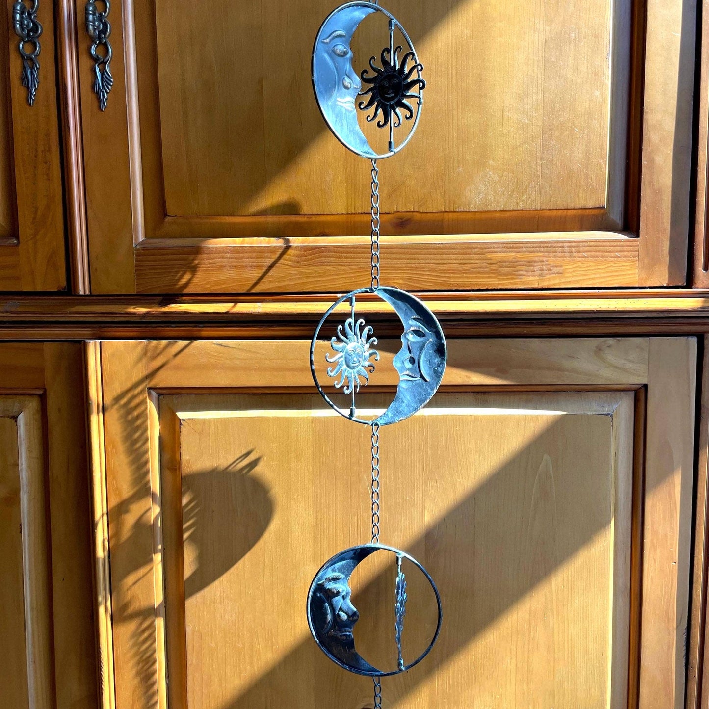 80-Inch Metal Rain Chain with Celestial Crescent Moon & Sun: Copper