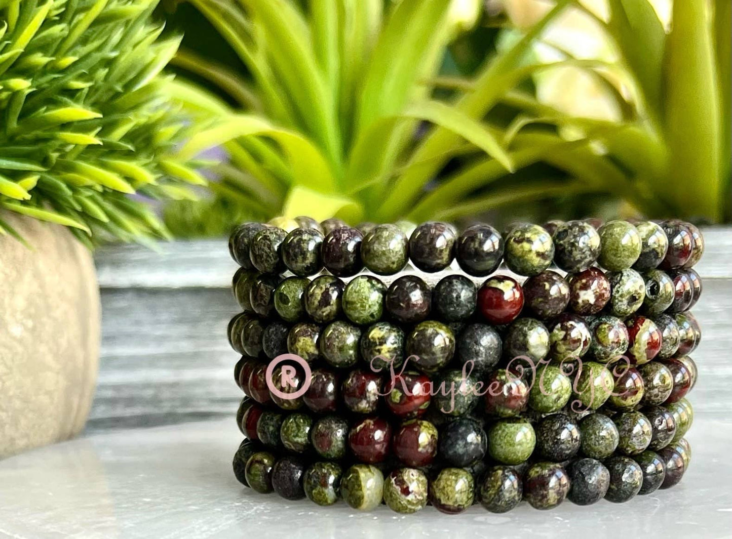 Natural Dragon Bloodstone 6mm Crystal Stretch Bracelet 7.5"