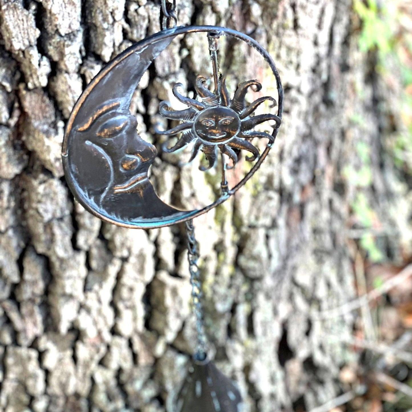 80-Inch Metal Rain Chain with Celestial Crescent Moon & Sun: Copper