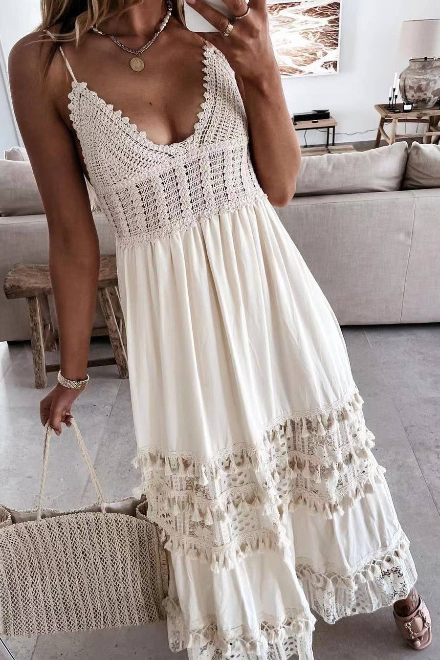 Bohemian Crochet tassel Lace large swing flare dress: Beige / M