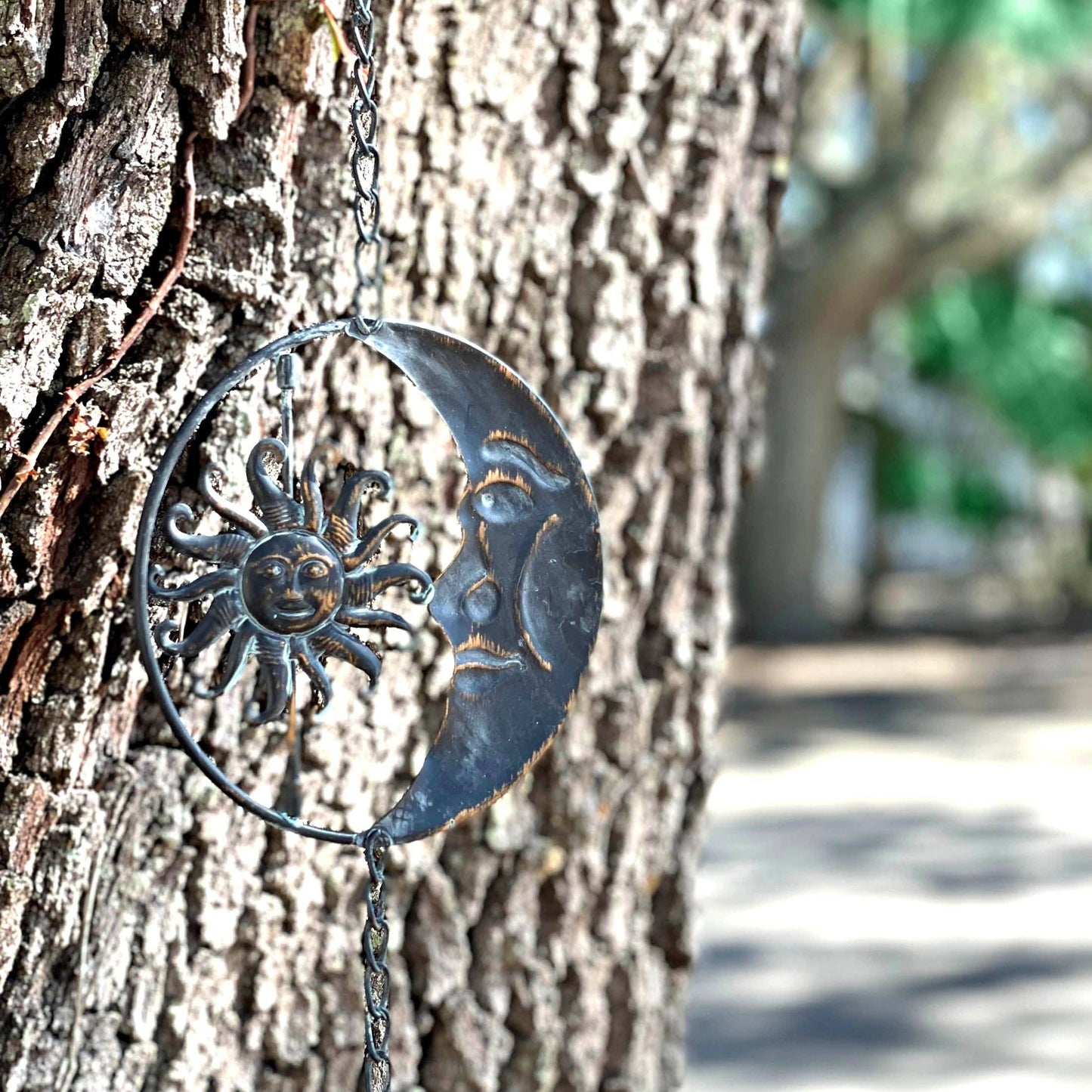 80-Inch Metal Rain Chain with Celestial Crescent Moon & Sun: Copper