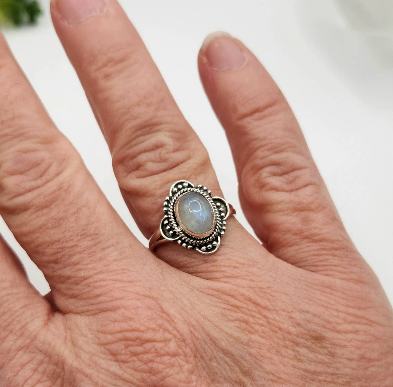 Rainbow Moonstone Semi-Precious Gemstone SterlingSilver Ring: 9