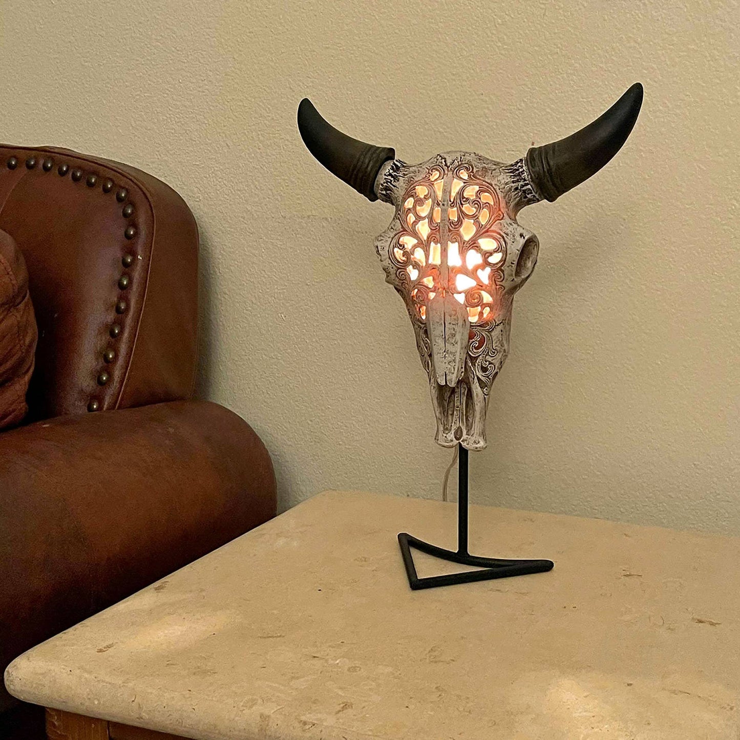 Steer Skull Wall Table Accent Light w/ Removable Metal Stand