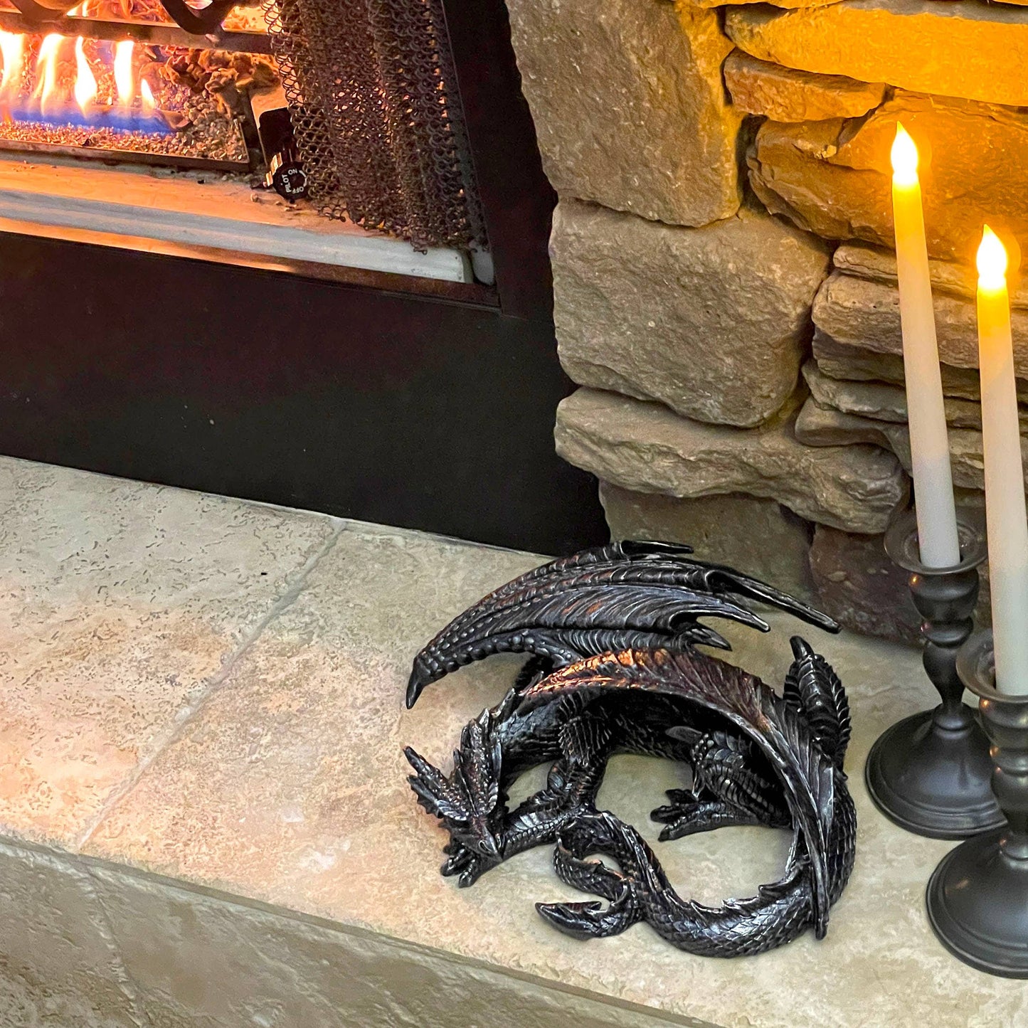 Somasaurus Metallic Black Gothic Sleeping Dragon 12 In Long