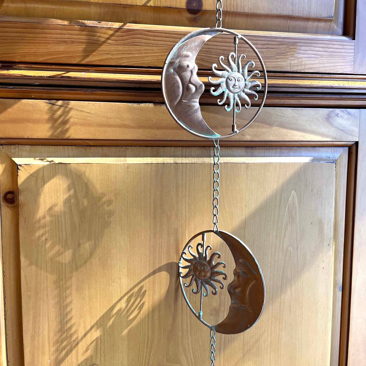 80-Inch Metal Rain Chain with Celestial Crescent Moon & Sun: Copper