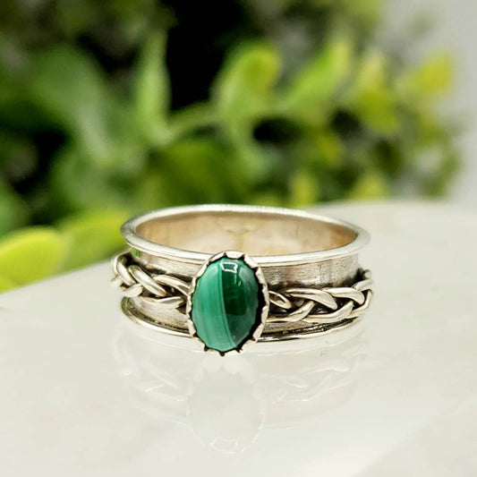 SPINNER RING-Sterling Silver/925-Malachite Gemstone w/Braid: 7
