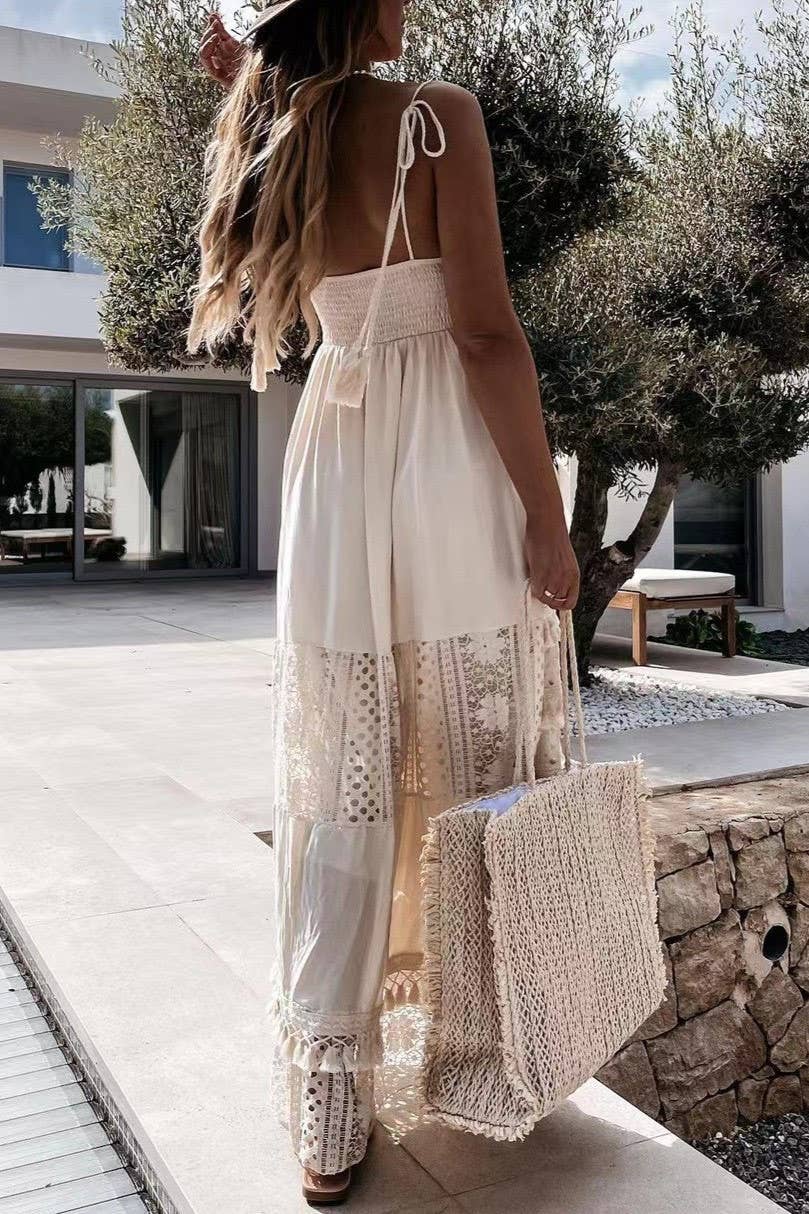 Bohemian Crochet tassel Lace large swing flare dress: Beige / M