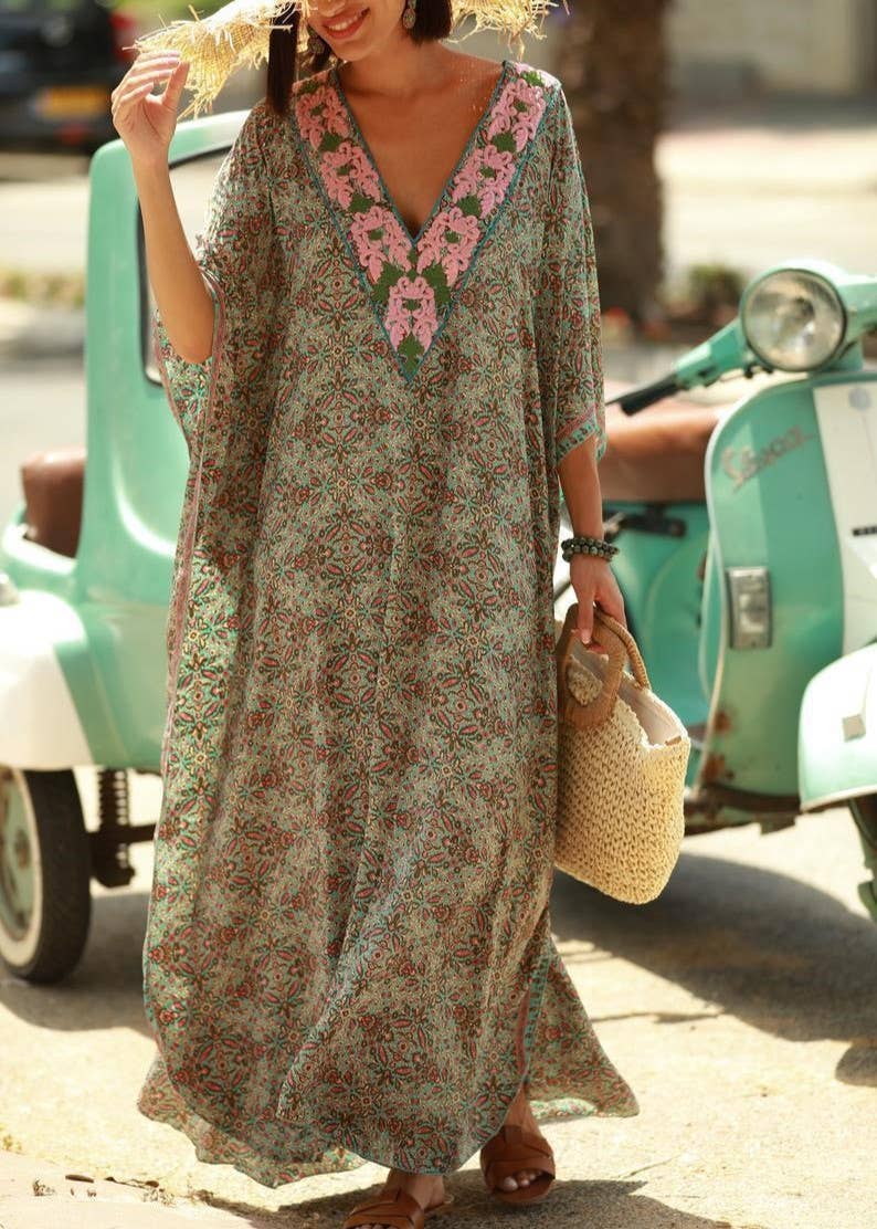 Bohemian V-Neck Beach Colorful Print Dress Kaftan: Printed / M