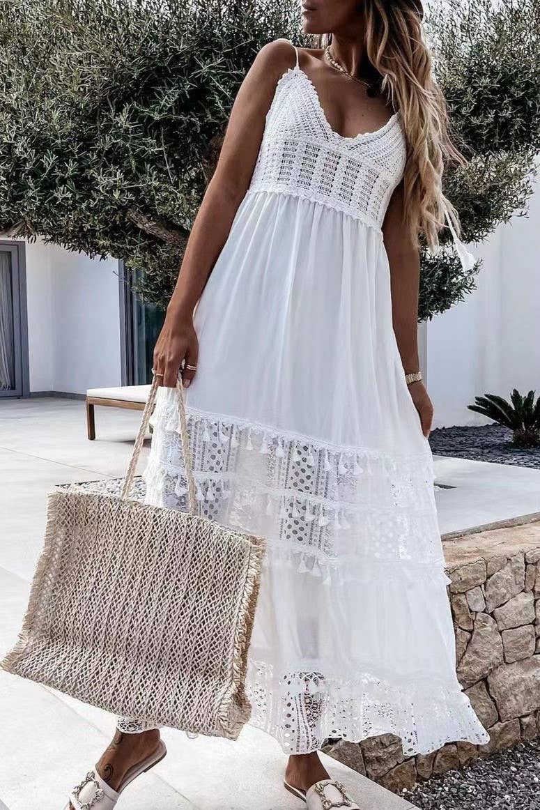 Bohemian Crochet tassel Lace large swing flare dress: Beige / M