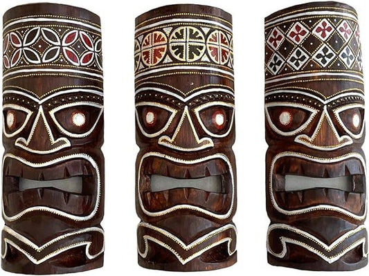 Set of 3 Tropical Hawaiian Wooden Tiki Wall Masks -12"