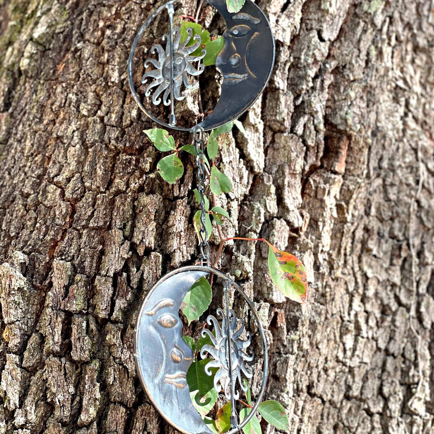 80-Inch Metal Rain Chain with Celestial Crescent Moon & Sun: Copper