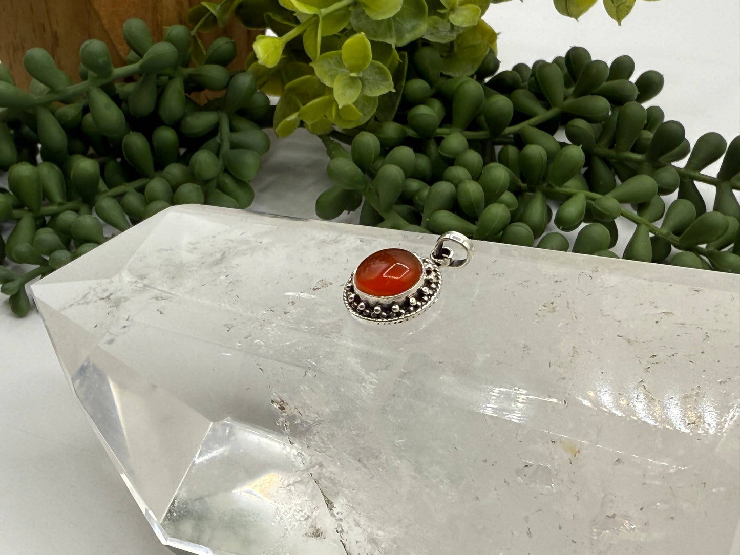 Carnielian Circle Gemstone Pendant-Sterling Silver (925)