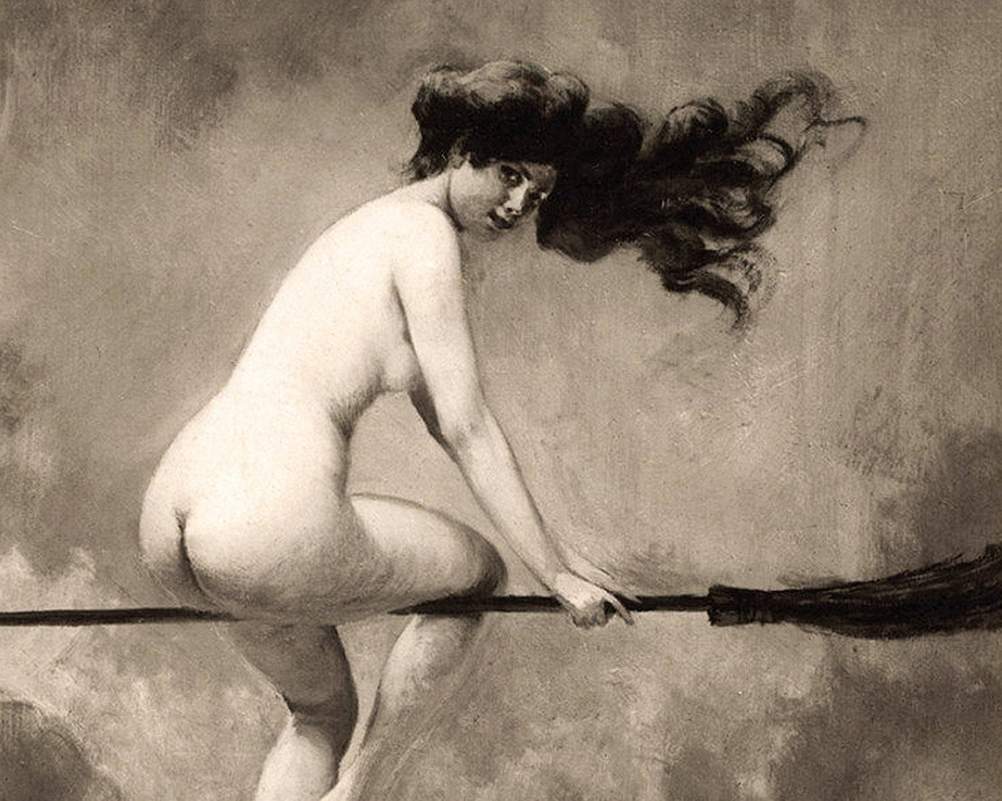 Witch on her broom | Vintage nude woman print | Albert Josep: 8x10 Inches