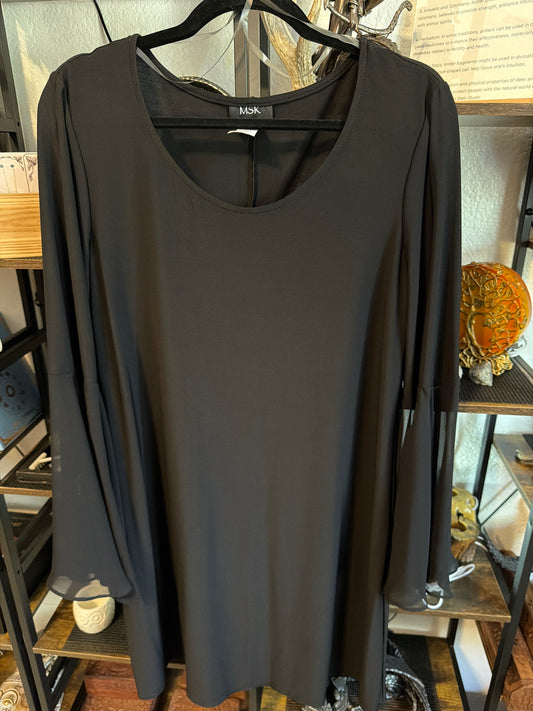 MSK black midi dress with sheer bell sleeves