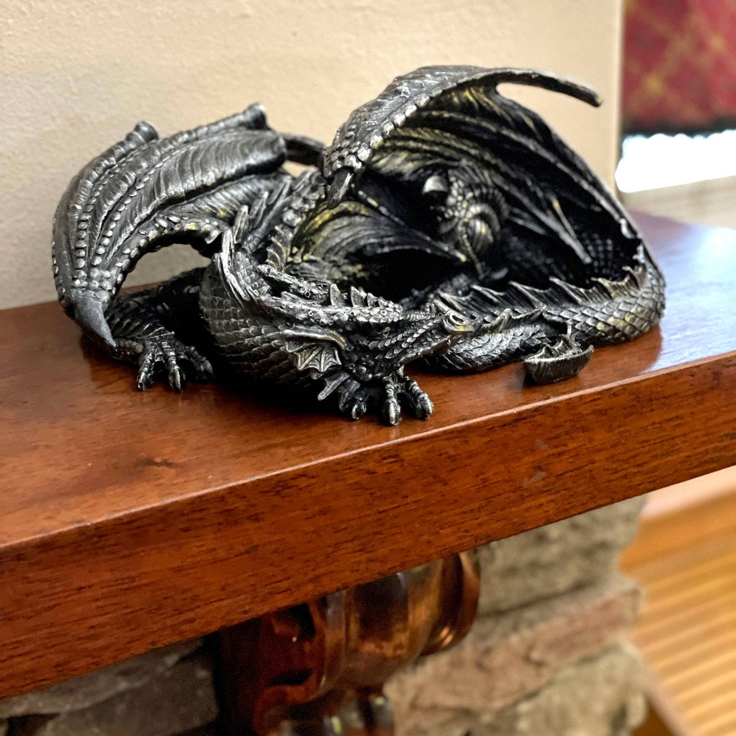 Somasaurus Metallic Black Gothic Sleeping Dragon 12 In Long