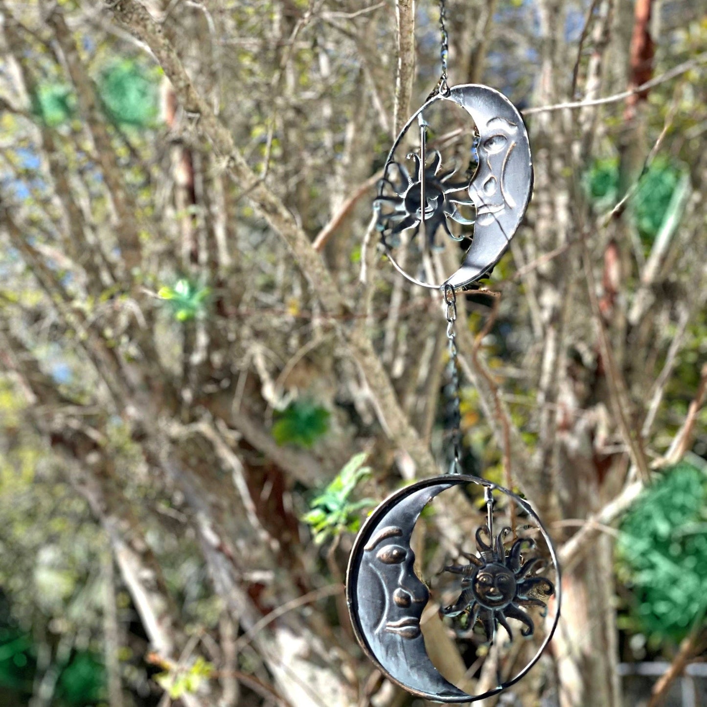 80-Inch Metal Rain Chain with Celestial Crescent Moon & Sun: Copper