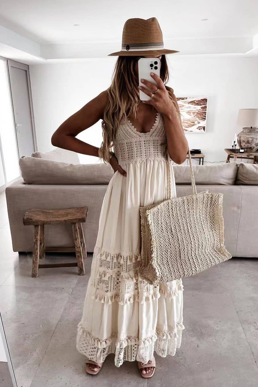Bohemian Crochet tassel Lace large swing flare dress: Beige / M