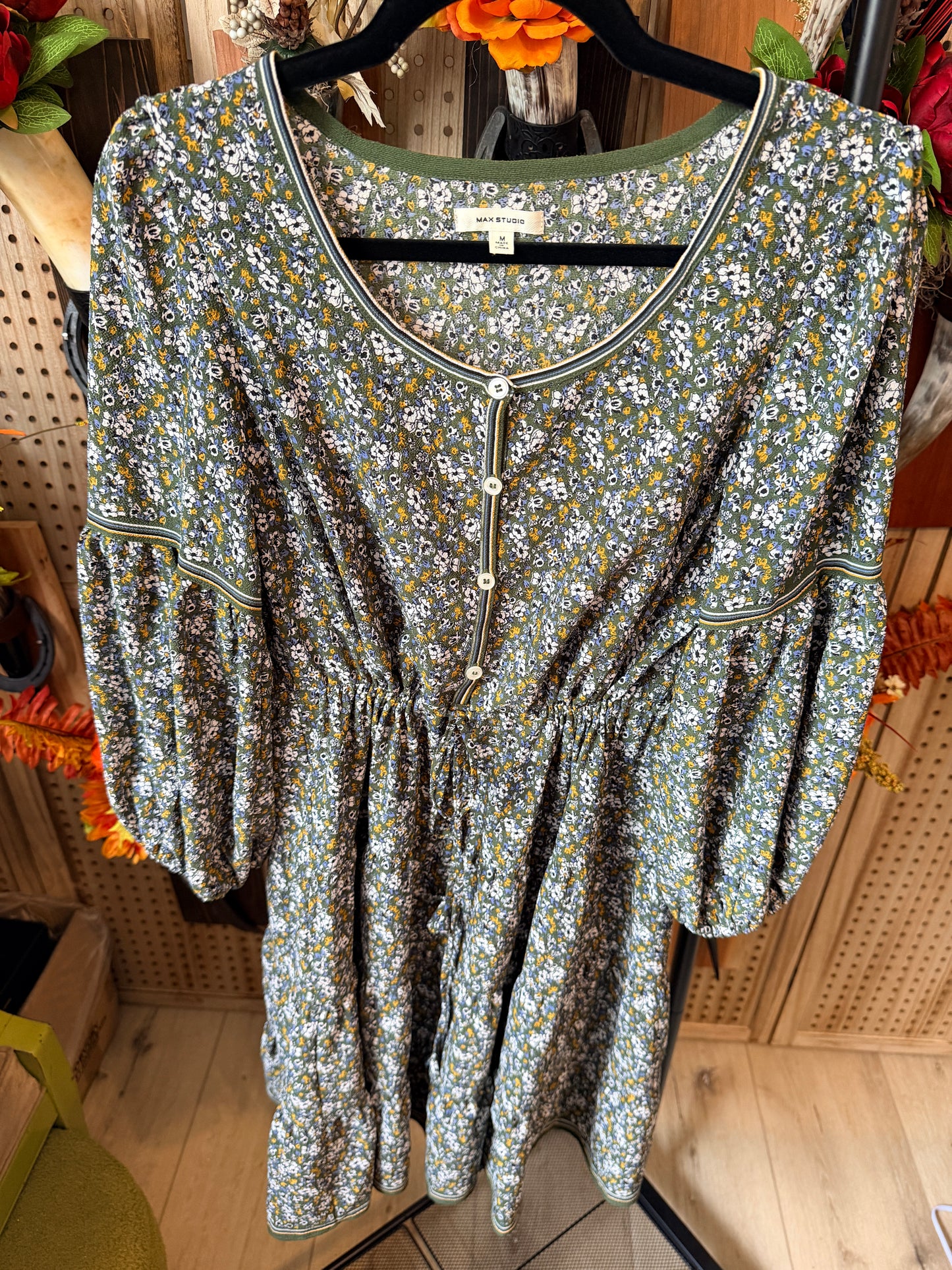 Max Studio green with floral print flare dress.